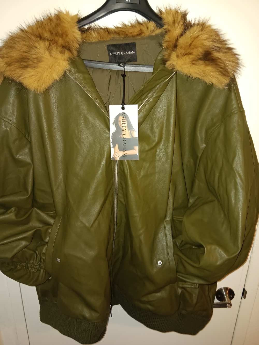 Ashley Graham Olive Green Faux Leather Jacket with Fur Trim Womens NWT Size 5XL